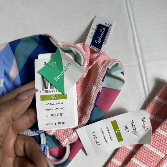 Splendid Girls Reversible Mosaic Palm High Neck High Waist Pant Bikini Set Sz 14 - Picture 7 of 7